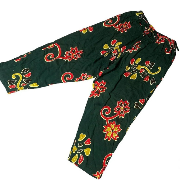 Kimia Collection Boho Hippie Green Floral Drawstring Casual Rayon Pants - Picture 1 of 6